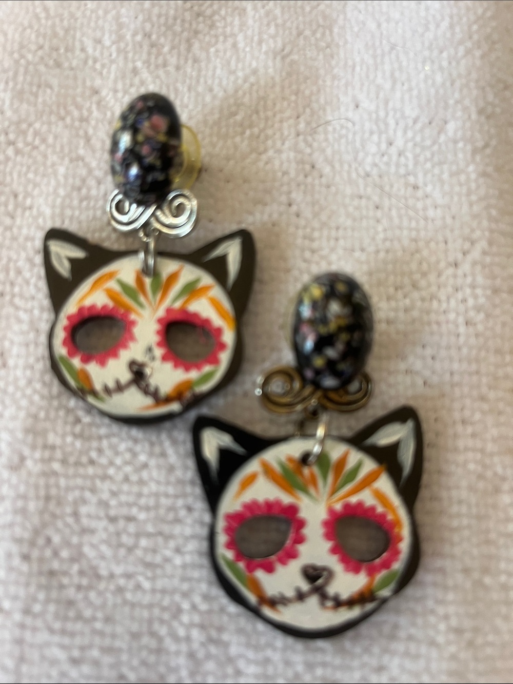 Day of the Dead Cat Dangle Earrings - Pink & Black Floral Accents Katrina